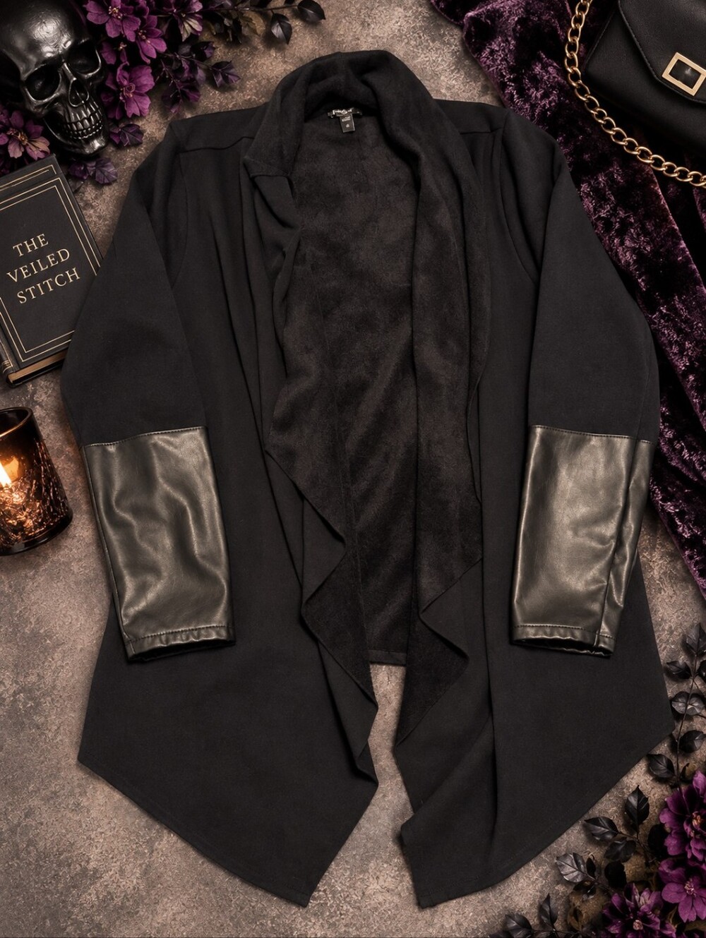 Express Black Open Front Drape Cardigan Faux Leather Trim Jacket Size M EUC